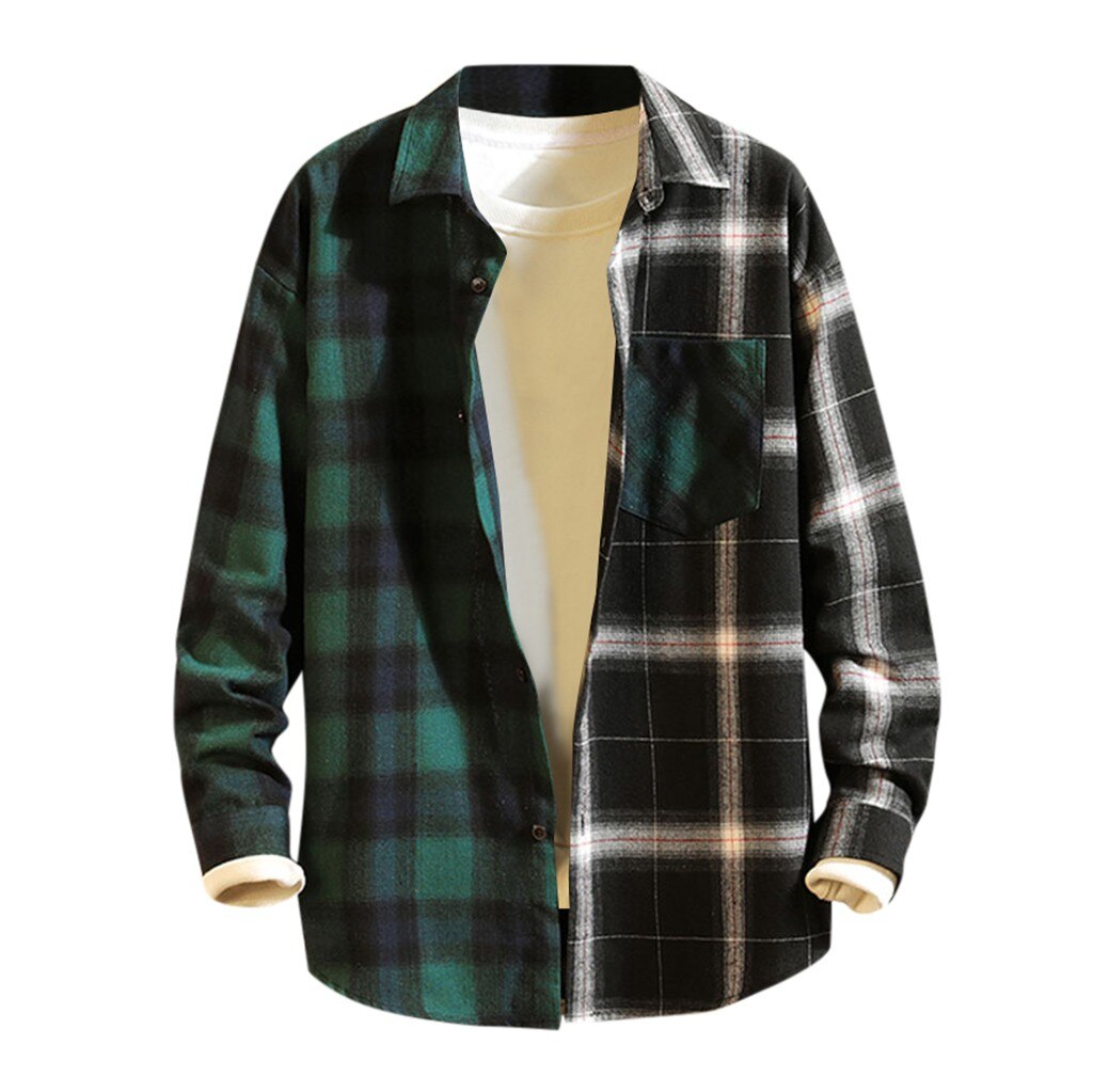 Koszule męskie jesień Plaid Patchwork koszula z guzikami człowiek malowanie Top na co dzień mężczyzna kołnierz na dół bluzka biznes płaszcze casualowe 19Nov07