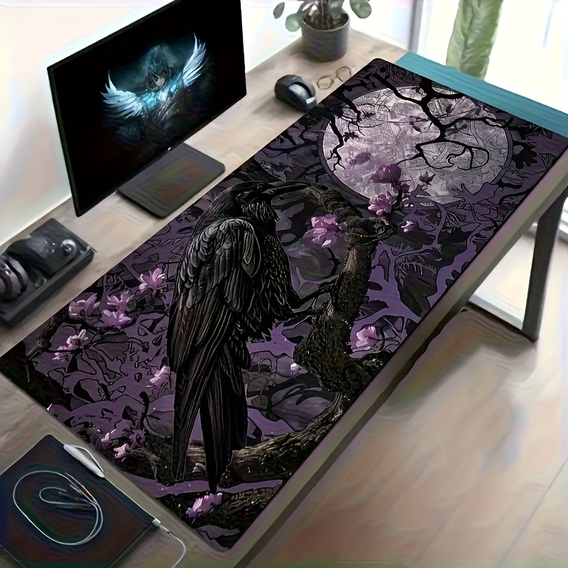 Gotische Raven Moonlight muismat - paars bloemen- en zwart takkenontwerp, gestikte randen | Essentiële kantoor- en gamingartikelen: XXL