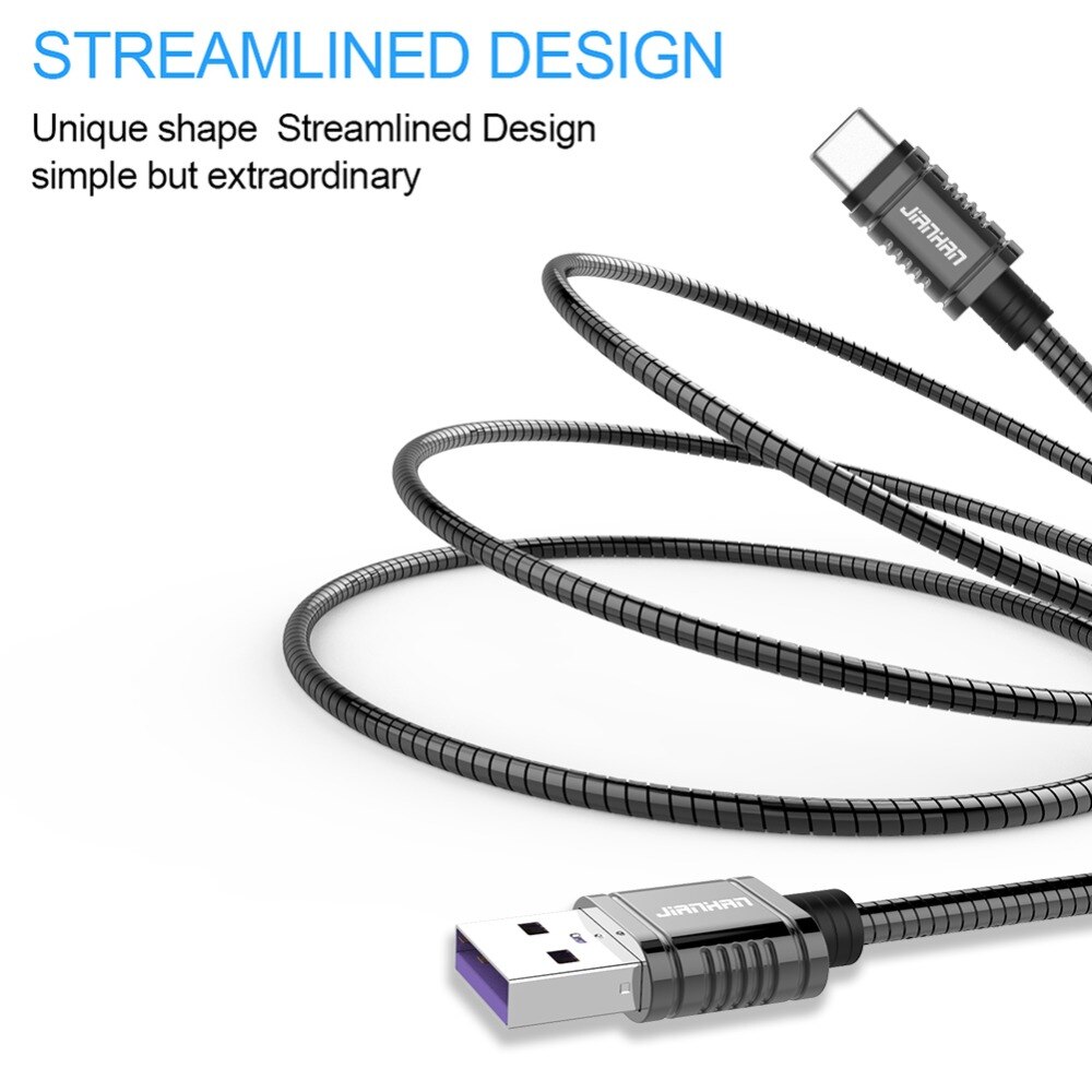 Jianhan luxury metal usb type-c cable, 5a fast charging data sync cables for samsung, huawei, lg, xiaomi, oneplus 5t charging