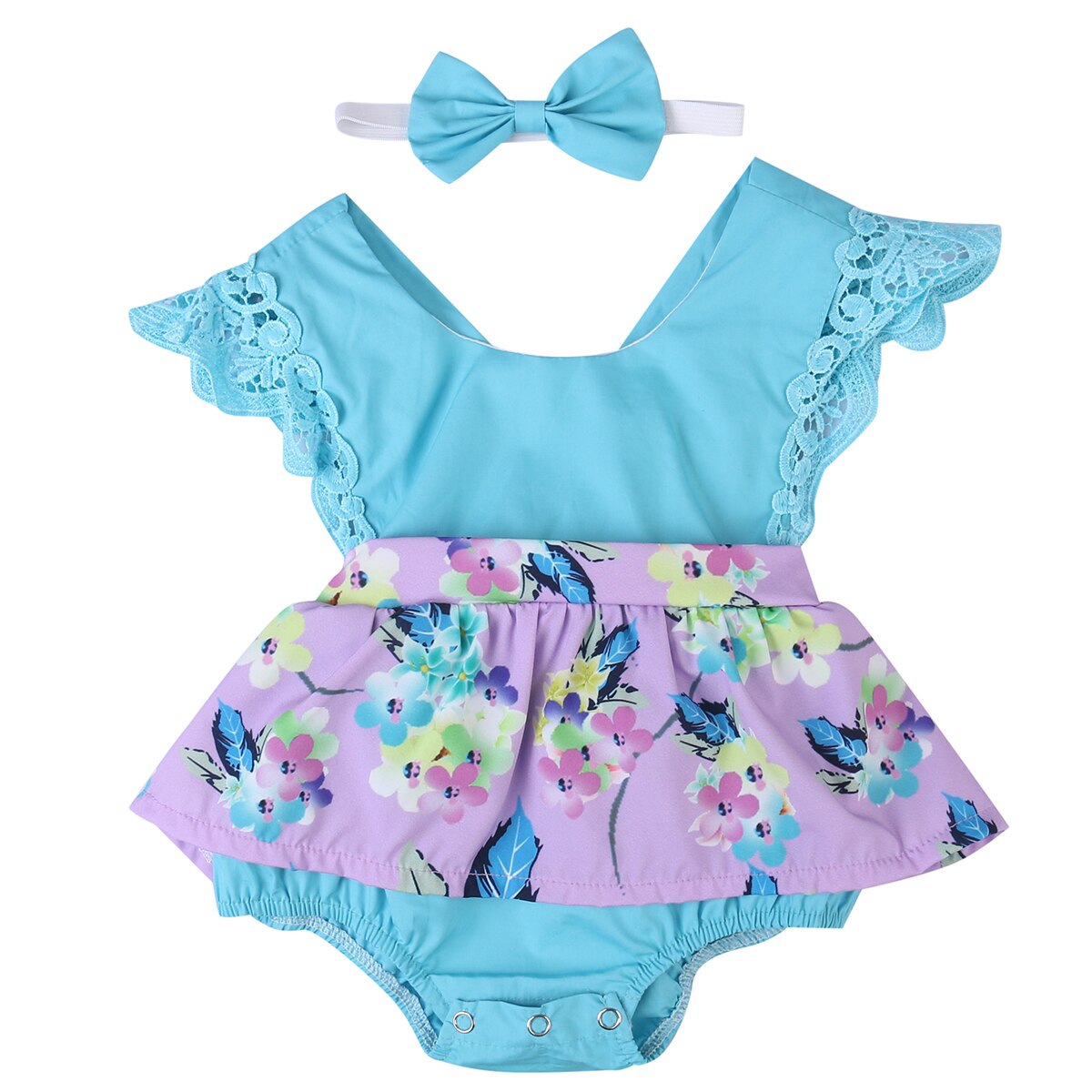 FOCUSNORM 0-24M Princess Baby Girls Boys Romper Dress Floral Print Ruffles Lace Short Sleeve Jumpsuits Headband: Blue / 18M