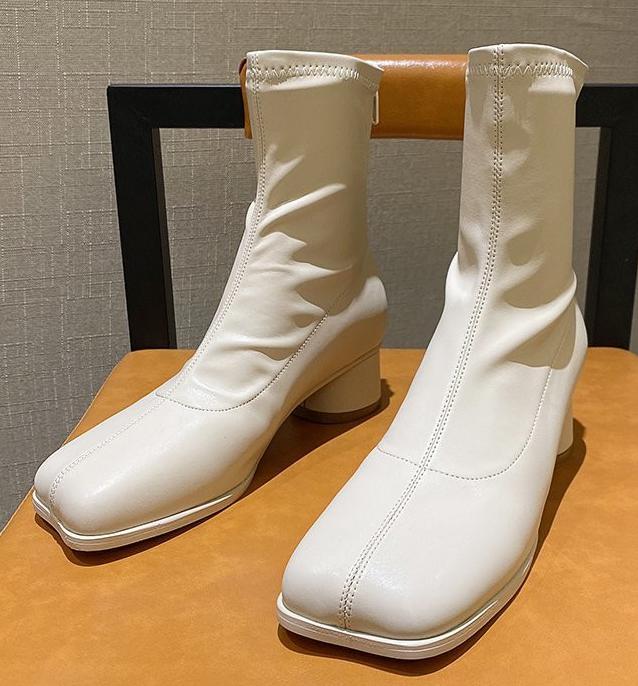 Buty damskie buty wysokie obcasy modne botki blokowe obcasy lakierowane skórzane buty damskie Zip kwadratowe buty z palcami kwadratowy obcas: Beige / 36