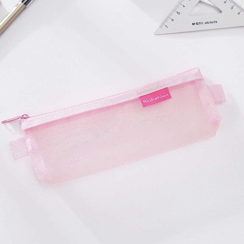 1pcs Transparent Grid Zipper Pen Bag Pencil Case Storage Bags for Girls School Stationery Supplies kids Student: Pink