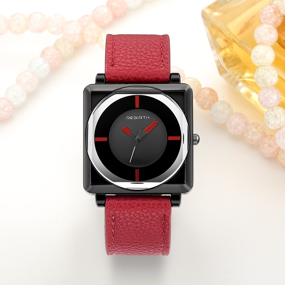 Reloj REBIRTH para mujer, relojes cuadrados de pulsera para mujer de la mejor , relojes de pulsera de cristal de cuero contraído, relojes de pulsera de cuarzo para mujer, reloj relog