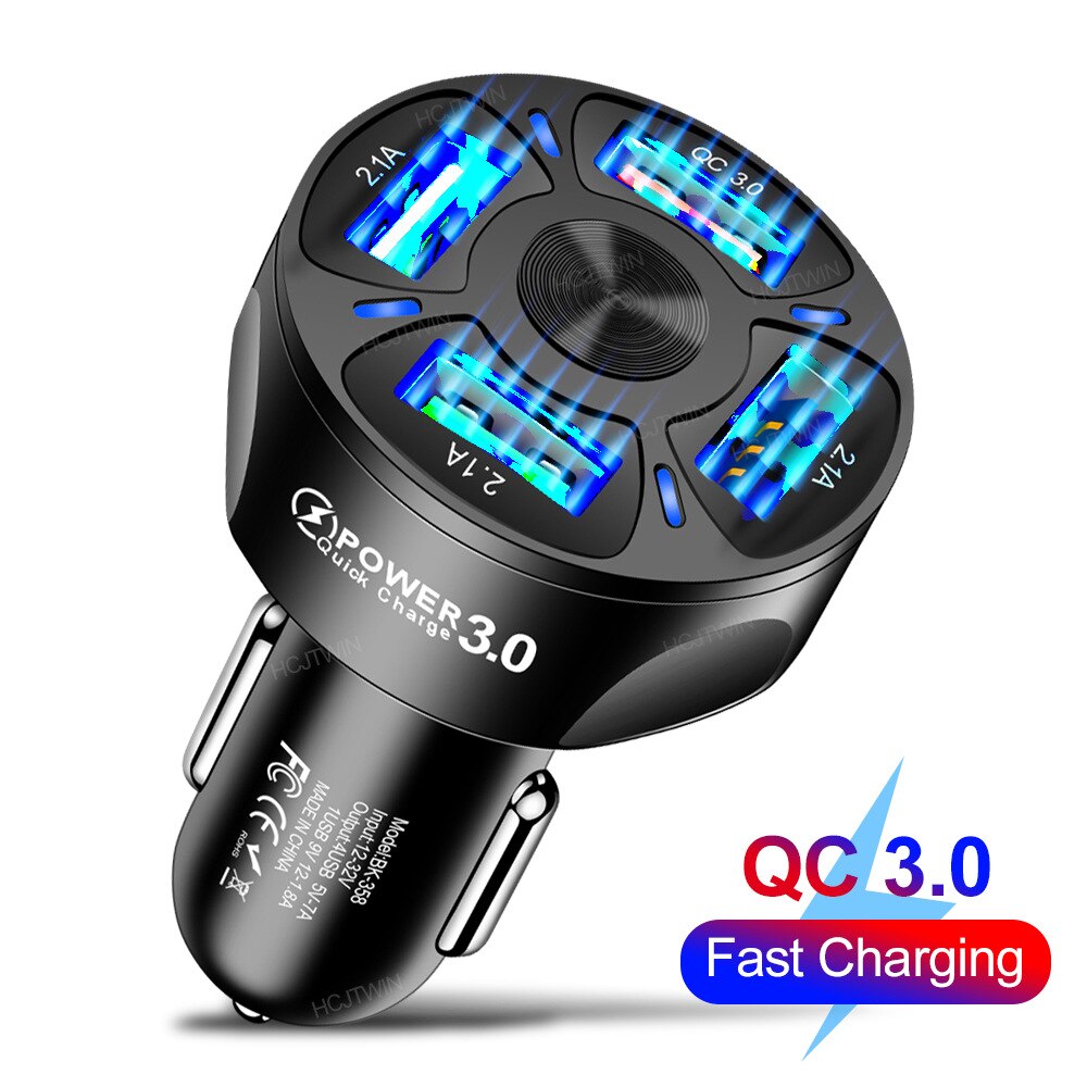 Car Charger Quick Charger 12V-32V 3A QC3.0 4 USB Fast Auto Charger Stable Current Output LED Light Mobile Phone Charger