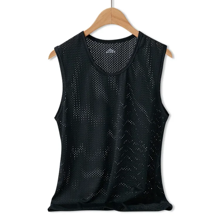 Tops para hombre, chaleco de seda helada, ropa exterior, camisetas sin mangas transpirables con agujeros de malla de secado rápido, chaleco fresco de verano, tanques de viaje para playa: XL / Negro