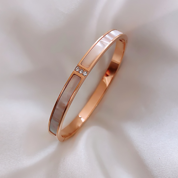 YUN RUO pavé de lujo cristal concha de circón brazalete Rosa oro titanio acero joyería mujer de cumpleaños no cambia de Color: shell rose gold