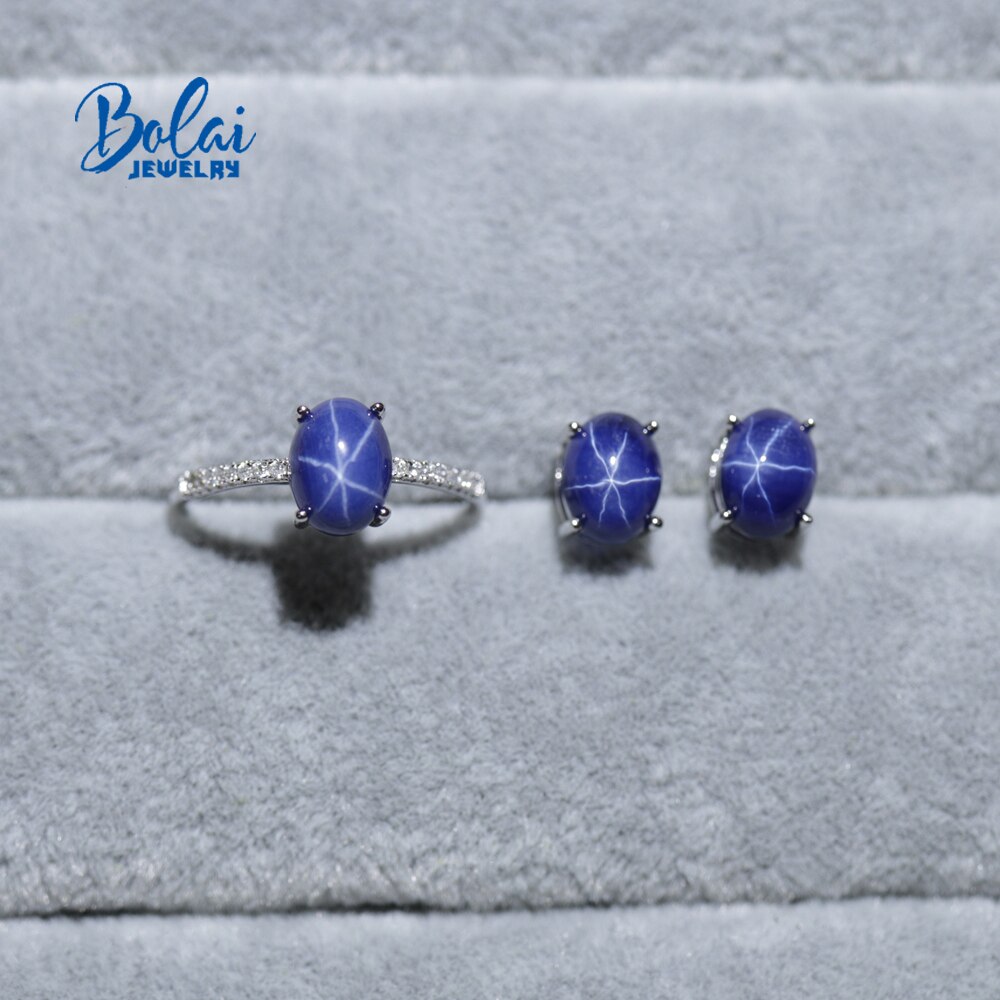 Created starlight sapphire jewelry set earrings and ring with 925 sterling silver fine jewelry for girl bolaijewelry