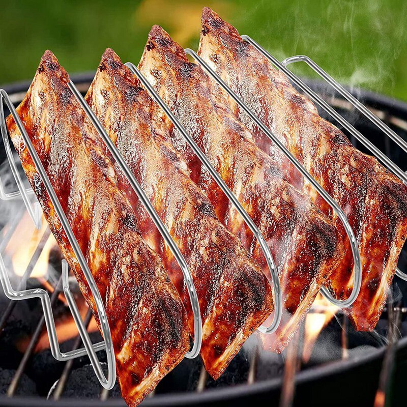 Rib Roasting Rack Holds 4 Ribs,Slot BBQ Stand with 2 Easy Grip Handles,For Oven and Grill,Etc,With Sauce Basting Brush