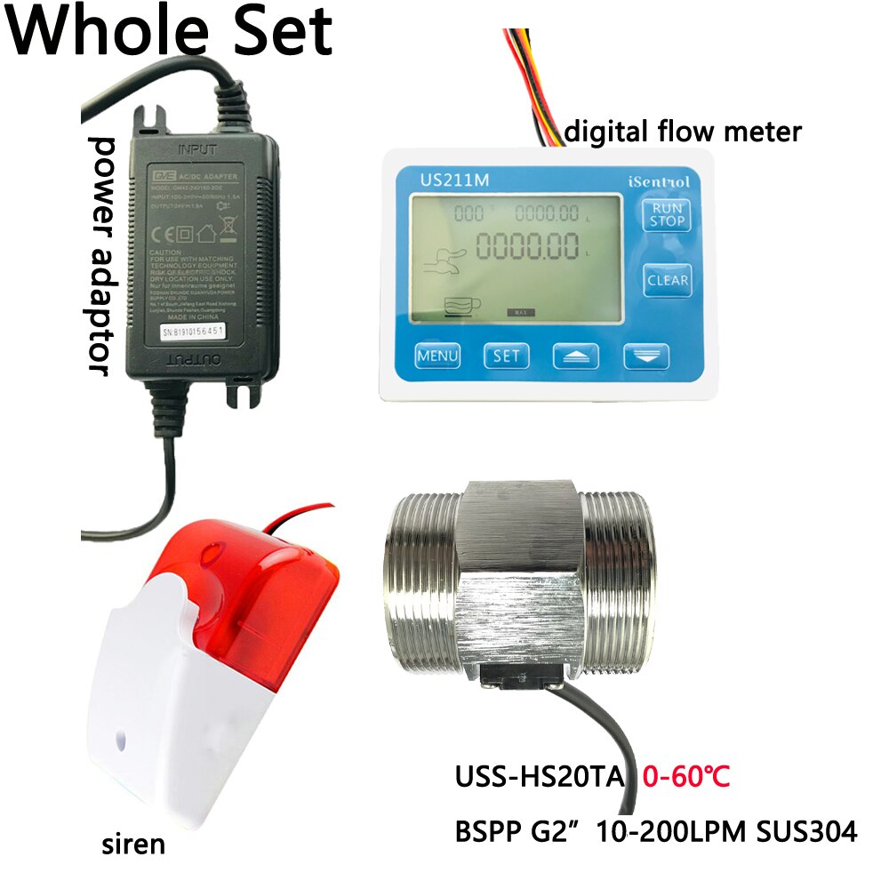 US211MA Water Flow Meter Totalizer Alarmer and SUS304 USS-HS20TA Liquid Flow Senor Turbine flowmeter G2&quot; 10-200LPM BSPP Dijiang