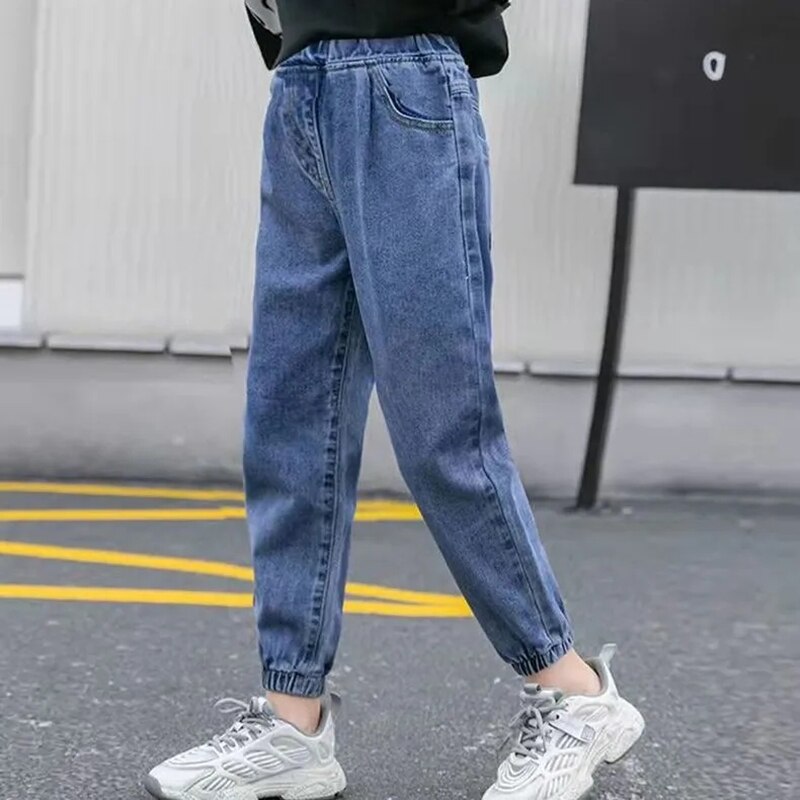 Simple Girl Spring Autumn Casual Denim Trousers Foreign Flavor Baby Girl Out Wear Trousers Loose All-match Denim Trouser