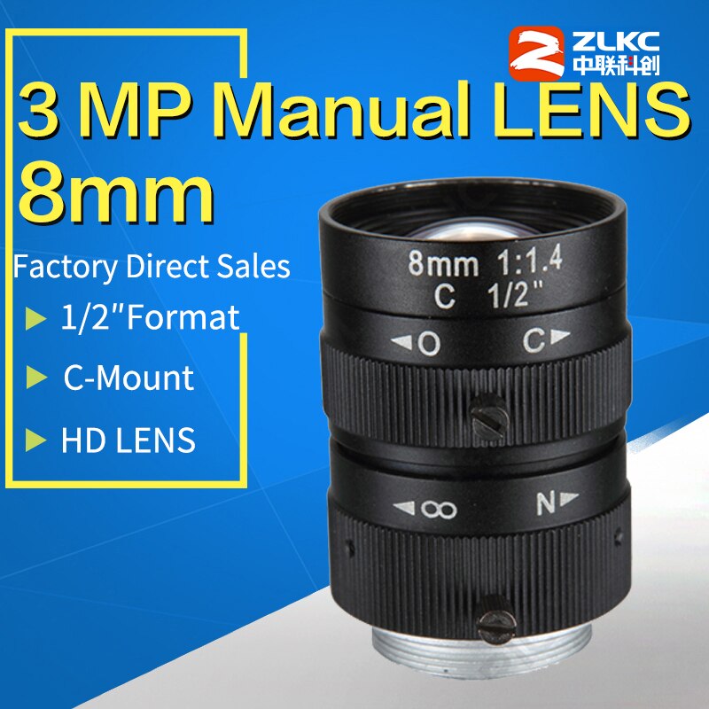 3 Megapixel Manual Fixed Lens 8mm 1/2" F1.4 Lens C Mount FA / Machine Vision fixed focal length lenses Industrial camera lens