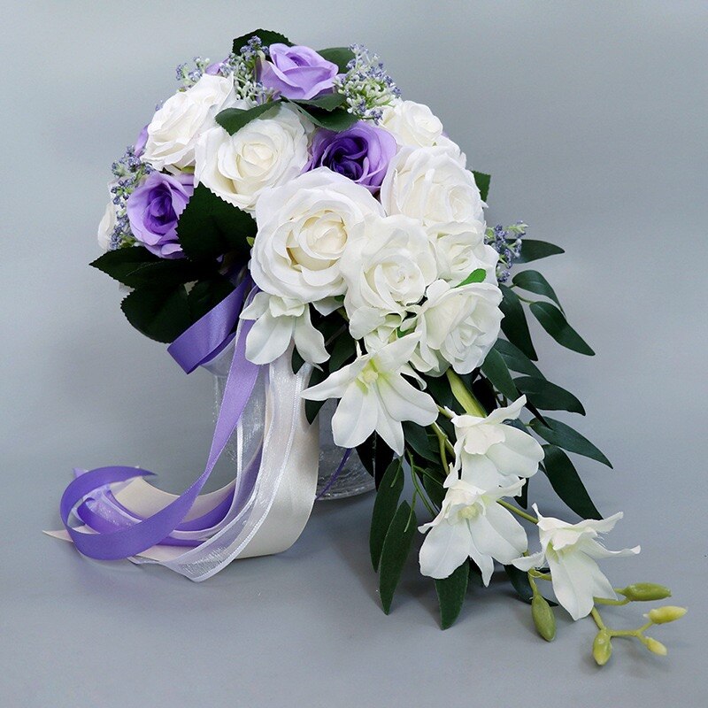 cascada Borgoña ramo blanco Artificial púrpura Ramos de flor Rosa boda accesorio para novia con flores