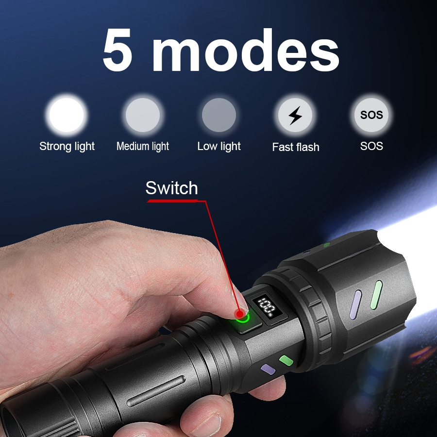 Ultra leistungsstarke Lampe mit 5 Modi, wiederaufladbare Super-Hochleistungs-LED-Taschenlampe, Outdoor-Laterne, Camping-Taschenlampen, kann Feuer machen