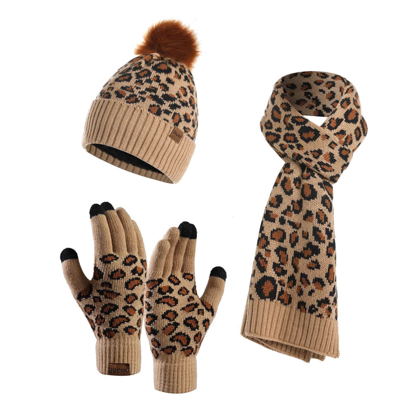 Leopard Warm Beanies Hat For Girl Ring Scarf Winter Hats Female Knitted Caps Scarf 3 Pieces Winter Hat Scarf Set #T2Q: D