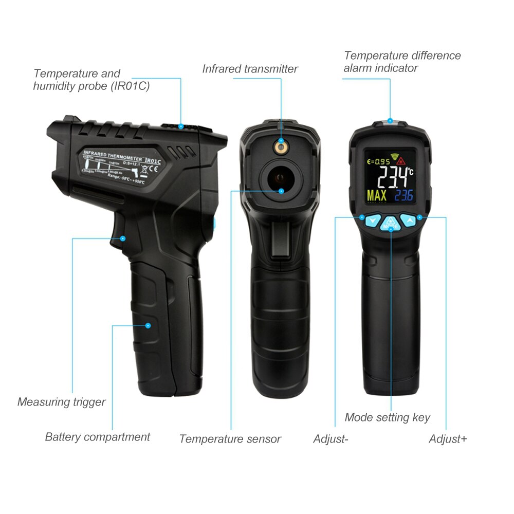 Thermomètre numérique industriel à infrarouge LCD portatif, pyromètre IR sans contact, testeur de température industrielle: Black IR01D