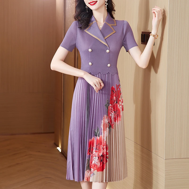 Bodycon luksuriøs lang kjole sommer patchwork blomster plisserede kjoler kvinder koreanske skræddersyede lejlighedskjoler: Xxxl / Lavendel