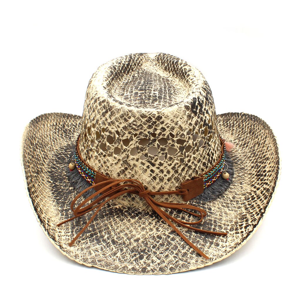 Sombrero de vaquero occidental para mujer, Sombrero de paja tejido a mano, con borlas bohemias, tamaño 56-58CM