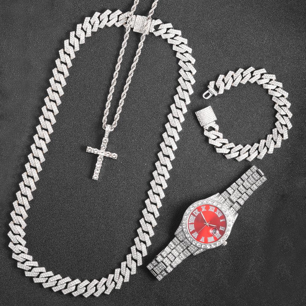 16mm Hip Hop Miami Cuban Link Chain Set Necklace +Watch+Bracelet Iced Out Shiny Trendy Stylish Jewelry For Women Men: Rust Red