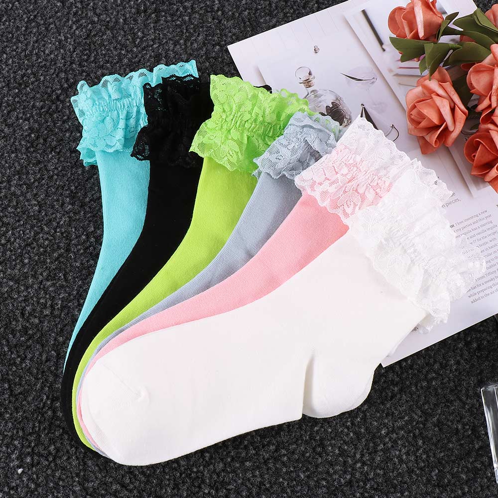 Women Vintage Lace Ruffle Frilly Ankle Socks Ladies Princess Girl Soild Color Cotton Socks 6 Color Available Harajuku