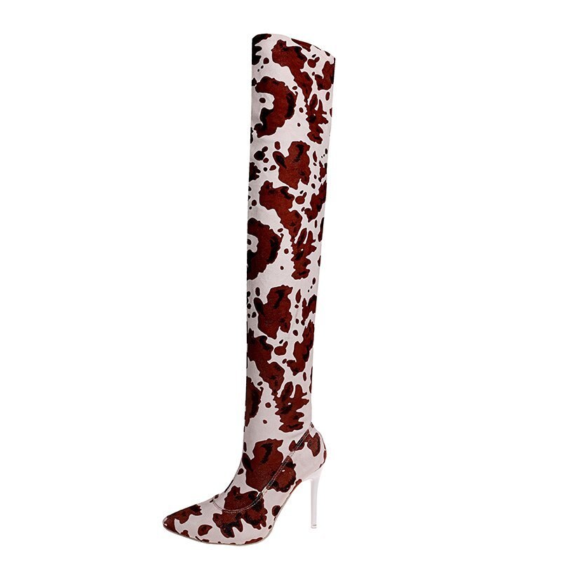 Women's High Heel Over Knee Boots Leopard Print Pointed Boots Party Casual Versatile Women's Boots: Brown / 37