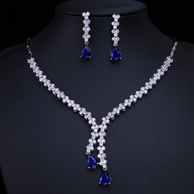 ! Conjunto de joyería Noble Bettyue de asimétrico a la , pendientes largos de Zirconia y Collar para mujer, deslumbrante: blue