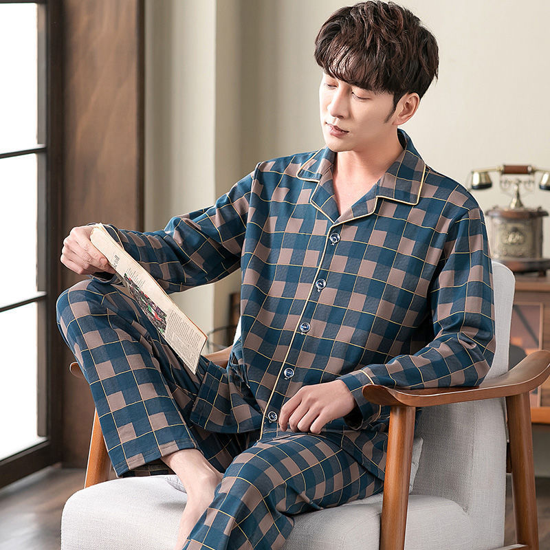 Bomuld herre efterår og vinter langærmet lange bukser midaldrende tynd del af pyjamas nattøj hjemmetøj jakkesæt loungewear: Xl / Felt grøn