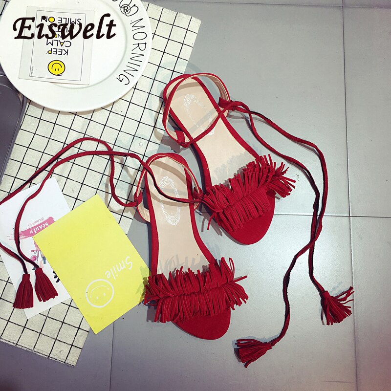 EISWELT Fringe Female Ankle Strap Rome Casual Sandals Women Flats Summer Tassel Shoes Ladies Wedding Women Sandals: Red / 5