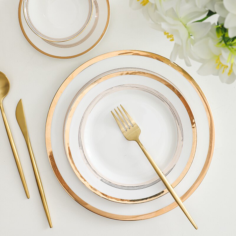 Gold Round Plate Set Ceramic Dinner Plates Brief N... Grandado