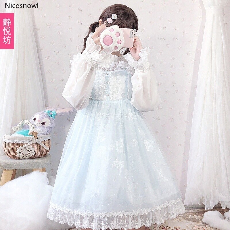 Kevät ja kesä japanilaiset tytöt kevyt mekko lolita jsk sininen pehmeä tyttöhihna lolita mekko naiset