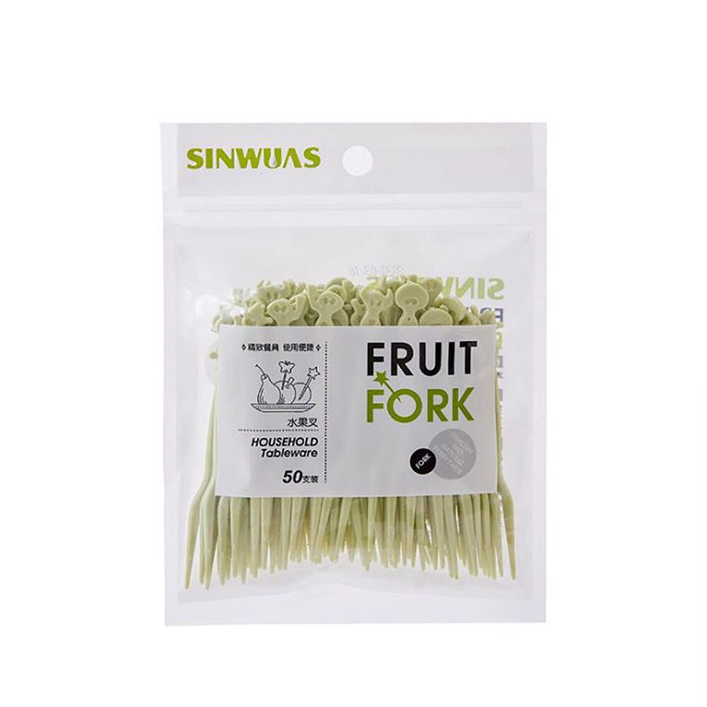 50Pcs Huishoudelijke Leuke Fruit Vork Set Plastic Wegwerp Fruit Teken Huishoudelijke Cake Fruit Salade Kleine Vork: Green