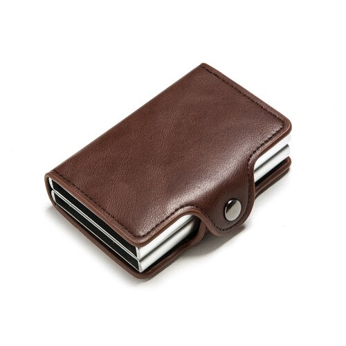 Rfid Blocking Bescherming Leather Wallet Id Credit Card Houder Met 2 Metalen Aluminium Business Bank Card Case Voor 14 Kaarten: Coffee