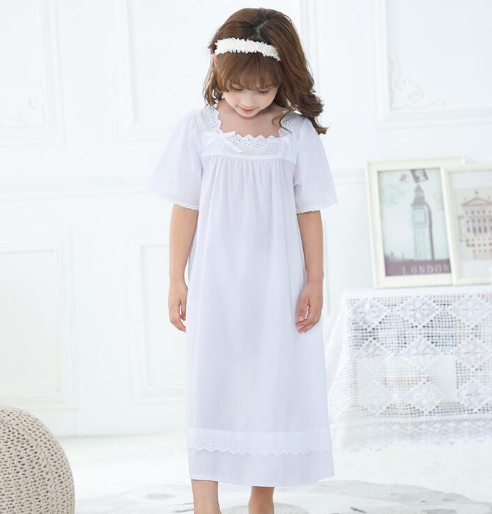 Zomer Meisjes Nachtjapon Jurk Baby Meisje Witte Boog Katoenen Pyjama Jurk Kidis Boog Nachtkleding Kleding 6 8 10 12 Jaar