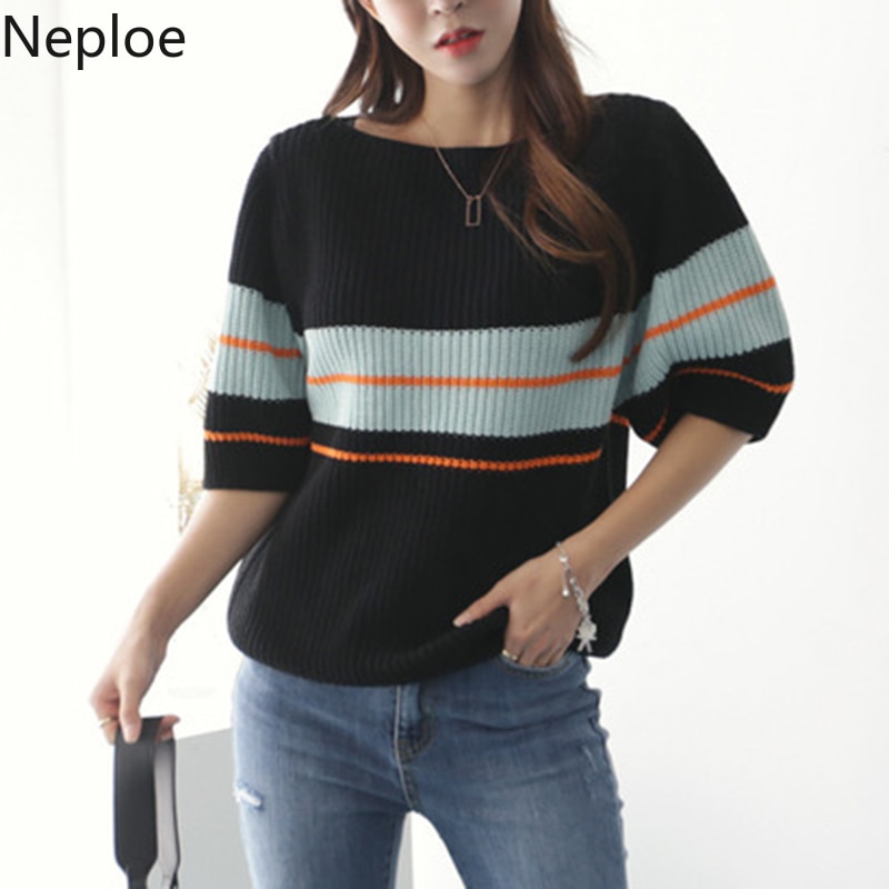 Neploe regenboog gestreepte trui dames lente koreaanse ronde hals pofmouw dames pullover tops casua stretch damestrui