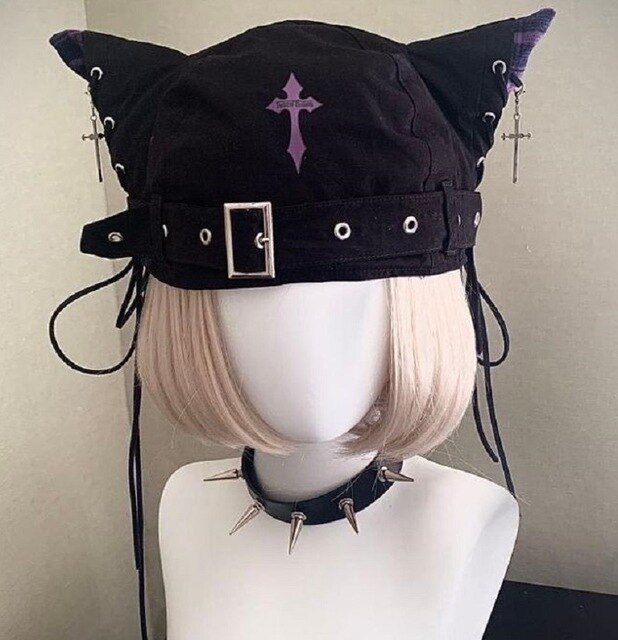 Indywidualny kapelusz Streetwear punk Harajuku gotyckie ucho kota czarny beret głaz krzyż kapelusz wędkarski biodro chmiel damskie kapelusze AFC862: purpurowy