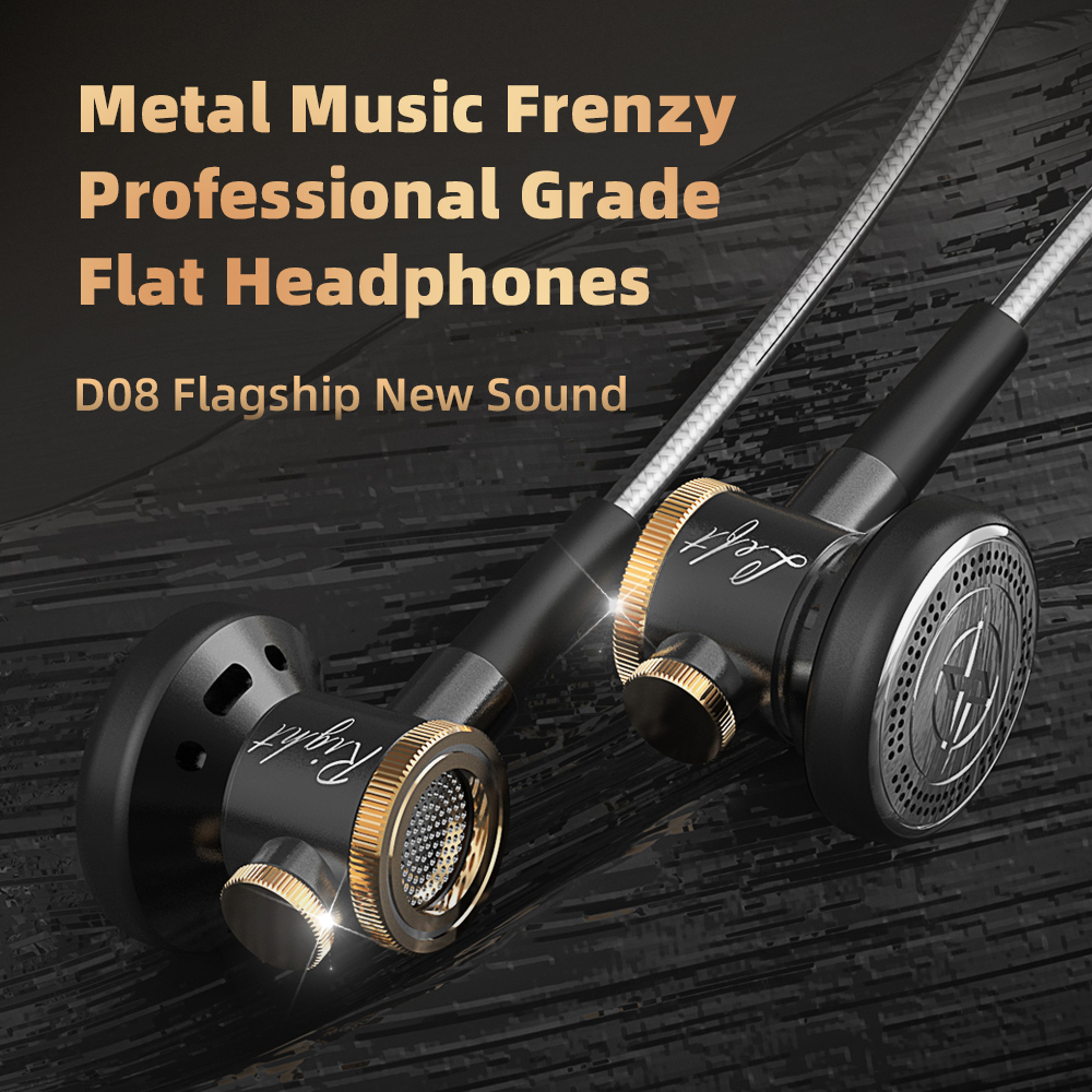 D08 Metalen HiFi 3,5 mm in-ear hoofdtelefoon Platte kop oortelefoon met microfoon Bedraad helder geluid Bass-headsets voor sportmuziek Gamer
