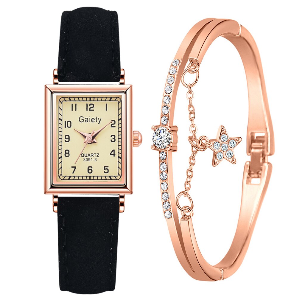 2PCS /Set Women Leather Belt Dress Quartz Clock Square Dial Sport Casual Bracelet Ladies Wrist Watch Relogio Reloj Mujer: Black Set