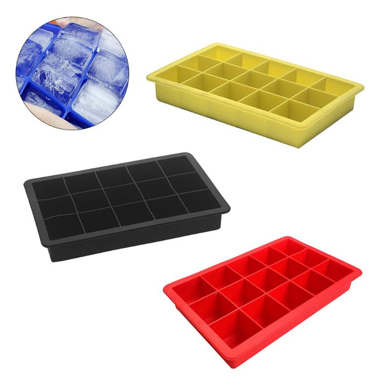 3 Pieces Silicone Ice Cube Mold Square Ice Cube Tray with 15 Grids for Chill Drinks Whiskey Cocktail Jelly Pudding，The silicone