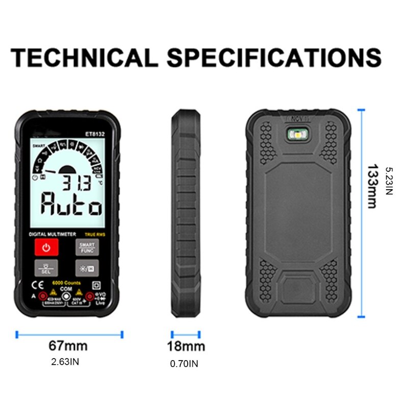 ET8132 Push-button Smart Digital Multimeter Automatic Recognition Auto Measurement Voltage Meter with LED Flashlight M7DA