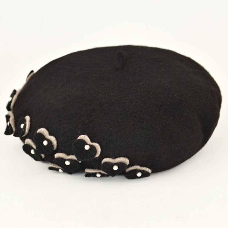 Boinas de lana coreanas decoradas con boinas de flores de perlas Otoño e Invierno buds sombrero azafata boinas de invierno para mujer: Black