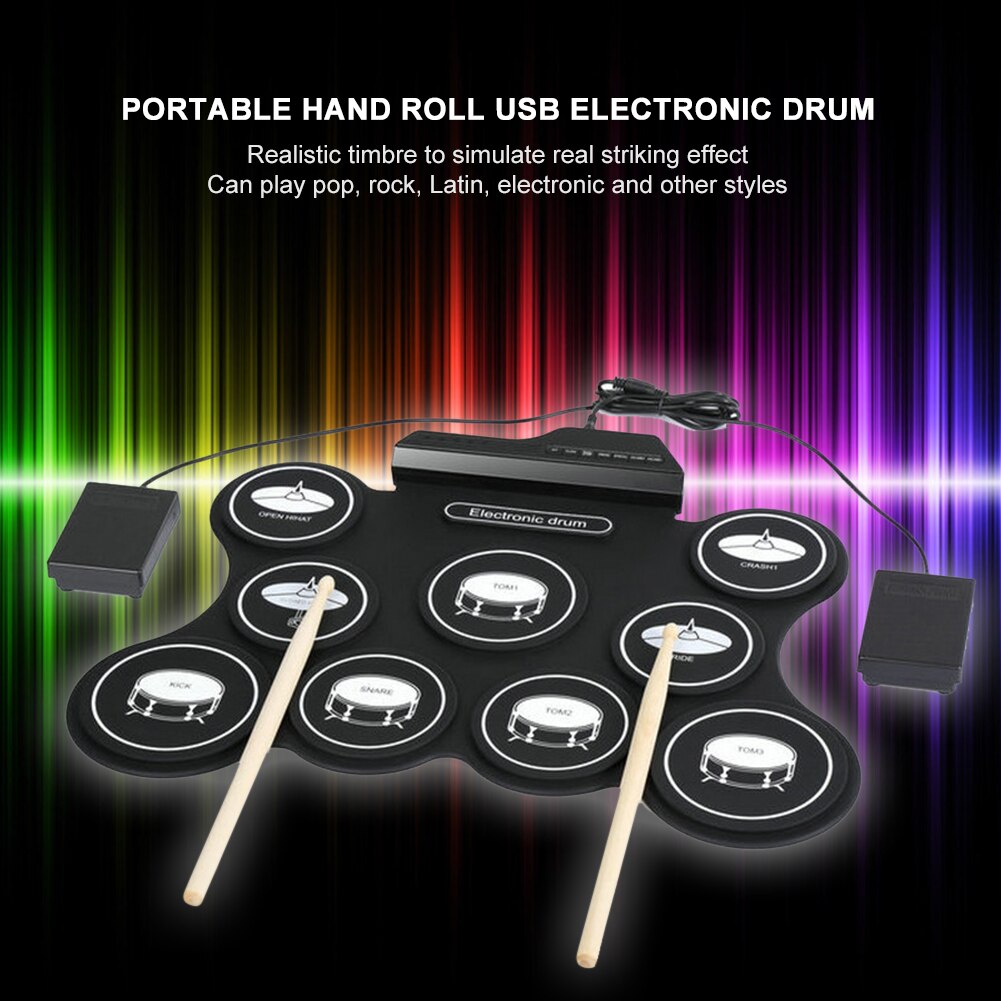 USB Rechargeable Roll-Up Electronic Drum Kit Portable Drum Set with Drumsticks Foot Pedals for Beginners Percussion Instrument