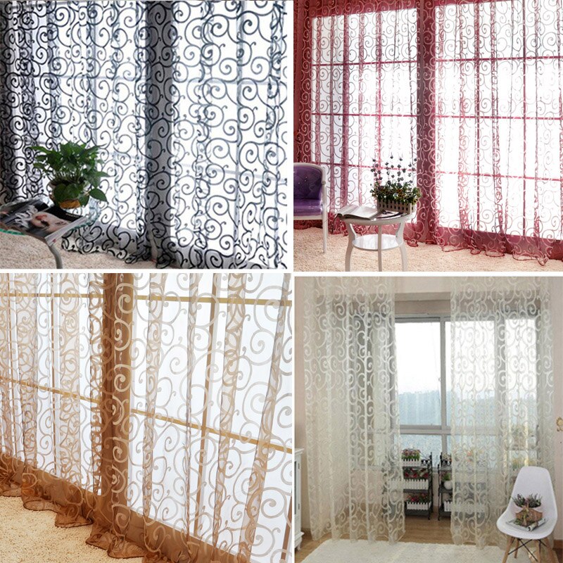 Cortinas de tul para puertas y ventanas, cortinas de tul con estampado Floral, de estilo Retro, en 6 colores, transparentes y ahuecadas