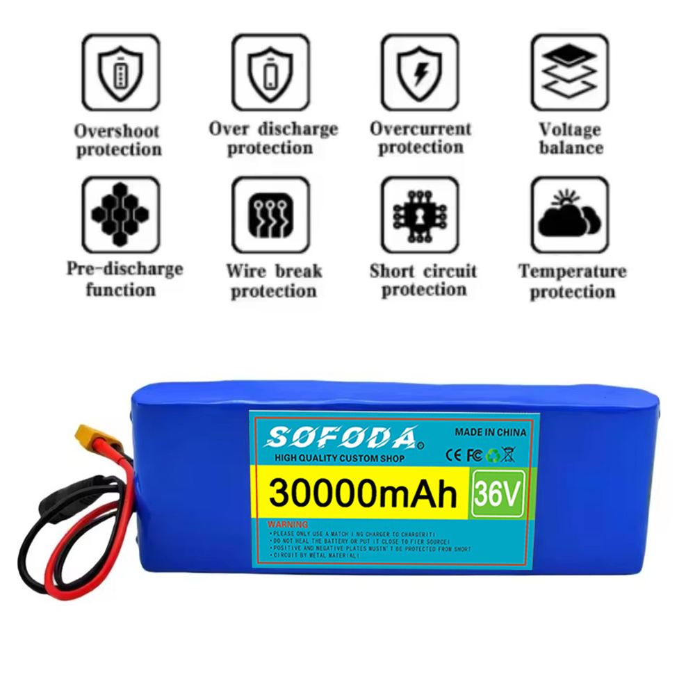 Große Kapazität 36 V 30000 mAh 10S1P 18650 Lithium-Ionen-Akku 30 Ah, mit BMS 500 W, ausgestattet mit 42 V 2 A Ladegerät
