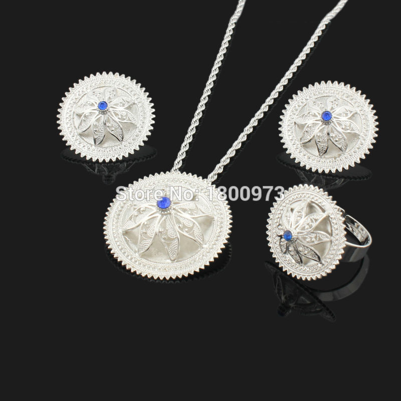 Ethiopische Kristallen Hanger/Oorbellen/Ring/Ketting Sieraden Verzilverd Habesha Sieraden Afrikaanse 4 STKS Bruiloft Sieraden Sets