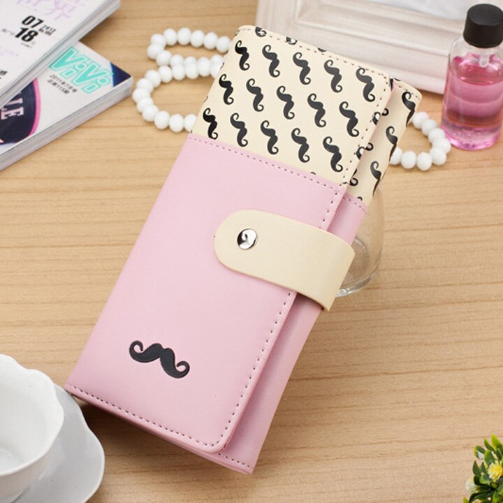 Cartera con broche de cuero PU, cartera con patrón de lindos bigotes, cartera para Mujer, monedero, tarjetero, cartera para Mujer: pink