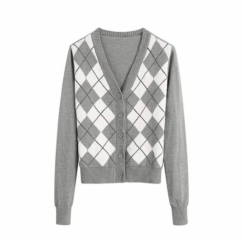 Dames engelse stijl argyle contrasterende kleuren vesten vintage enkelrijs v-hals truien vrouwelijke chique truien: Grijs / Ik