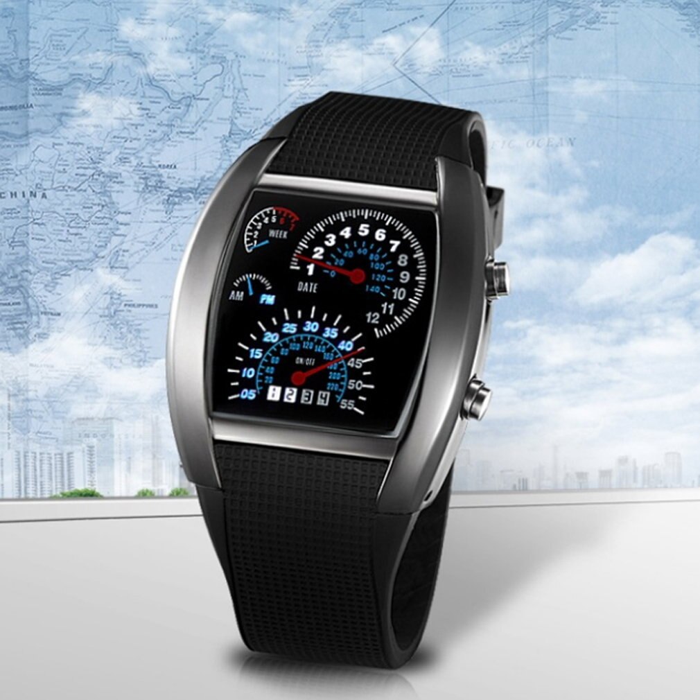 Unisex Auto Speed Meter Dial LED Polshorloge Flash LED Sport RPM Blauw & Wit Mannen Horloge
