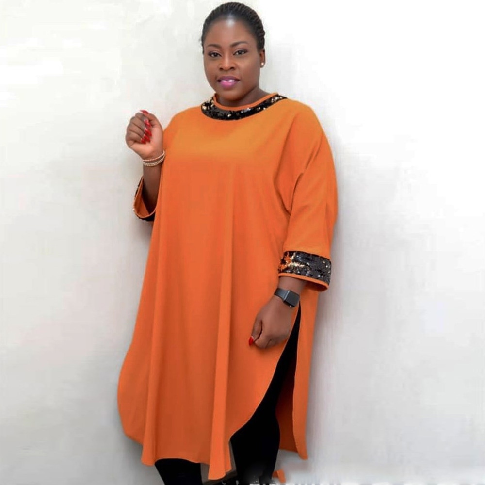 Plus Size Traditional African Clothing Oversized Loose Casual Sequined Sequins Solid Dashiki Dress Kanga Bazin Clothes