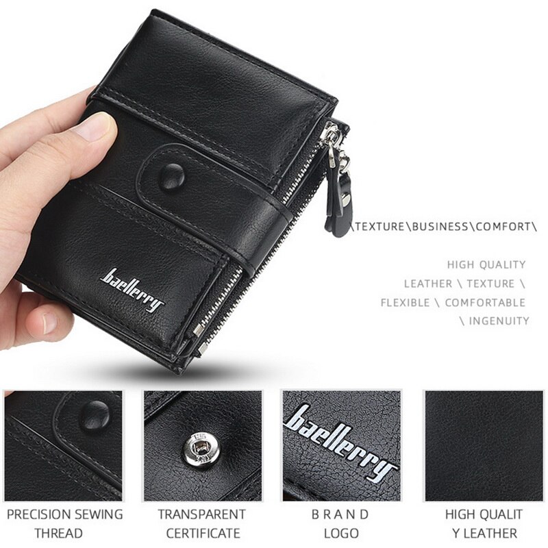 Baellery vintage curto carteira masculina de couro duplo zíperes multifunction business wallet men coin pocket alta qualidade masculino bolsa