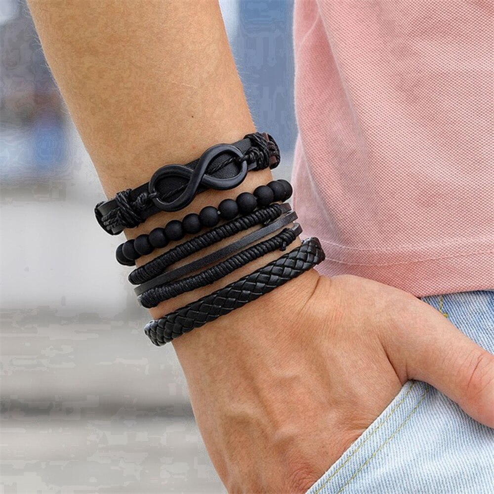 Ifmia Zwarte Mannen Armbanden Vintage Multilayer Leather Braid Armbanden Armbanden Leaf Handgemaakte Rope Wrap Armbanden Mannelijke Jewlery: IF490001998