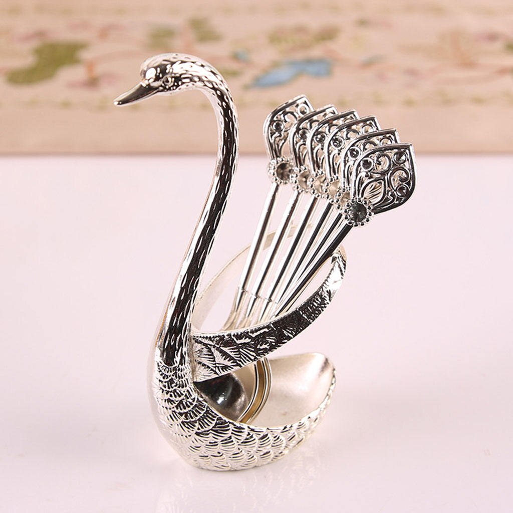 Stainless Steel Dinnerware Set Decorative Swan Base Holder with 6 Spoons for Coffee Fruit Dessert Stirring Mixing: Silver